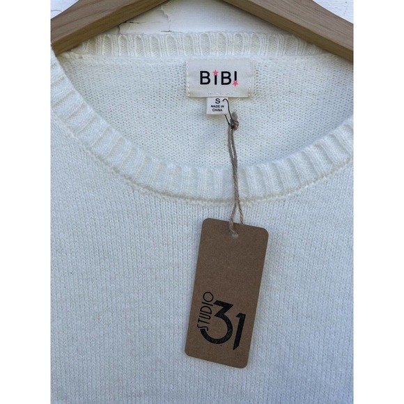 NEW Bibi Sweater Oversized Gray Cream Fringe Super Soft Womens S Stretchy Comfy - Picture 2 of 4